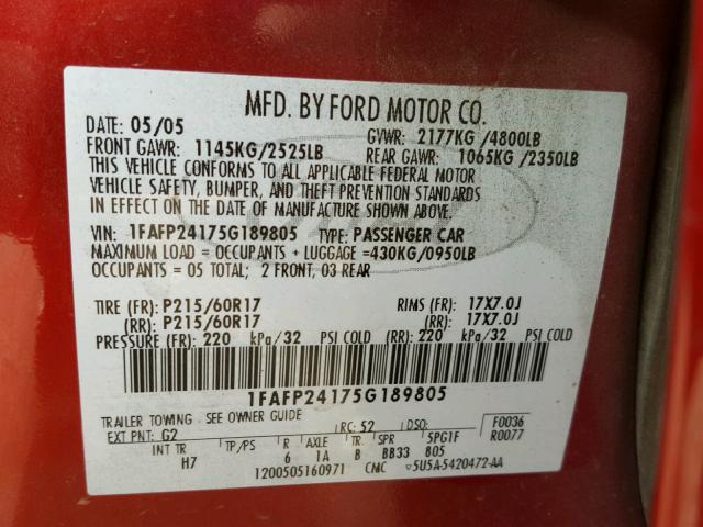 1FAFP24175G189805 - 2005 FORD FIVE HUNDR RED photo 10