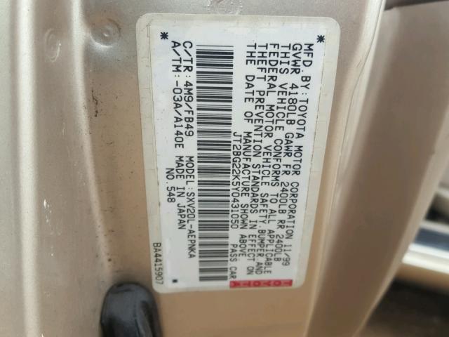 JT2BG22K5Y0431050 - 2000 TOYOTA CAMRY CE GOLD photo 10