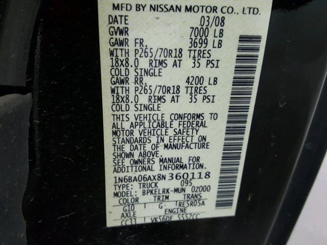 1N6BA06AX8N360118 - 2008 NISSAN TITAN XE BLACK photo 10