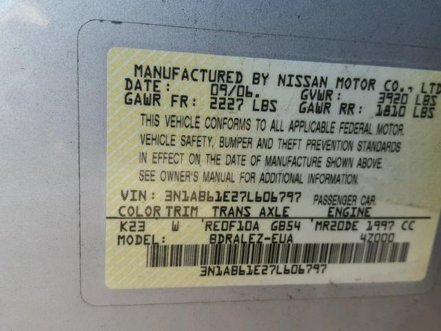 3N1AB61E27L606797 - 2007 NISSAN SENTRA 2.0 SILVER photo 10