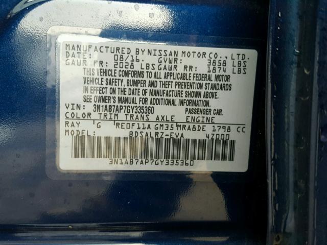 3N1AB7AP7GY335360 - 2016 NISSAN SENTRA S BLUE photo 10