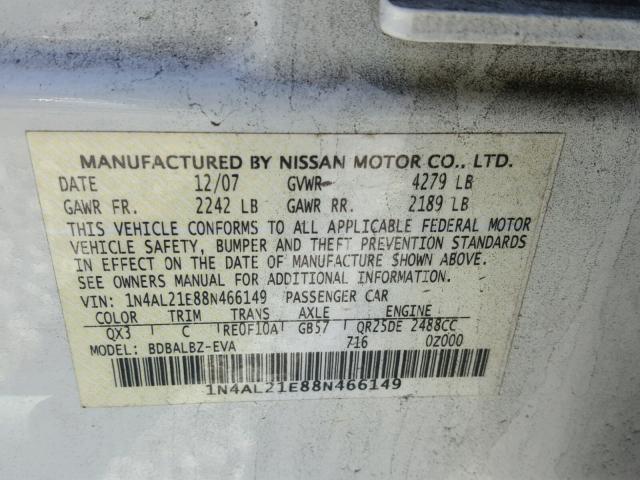 1N4AL21E88N466149 - 2008 NISSAN ALTIMA 2.5 WHITE photo 10