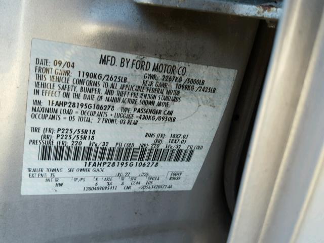 1FAHP28195G106278 - 2005 FORD FIVE HUNDR SILVER photo 10