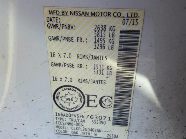 1N6AD0FV5FN763071 - 2015 NISSAN FRONTIER S WHITE photo 10