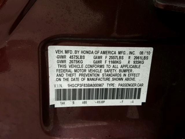 1HGCP3F83BA000967 - 2011 HONDA ACCORD EXL MAROON photo 10