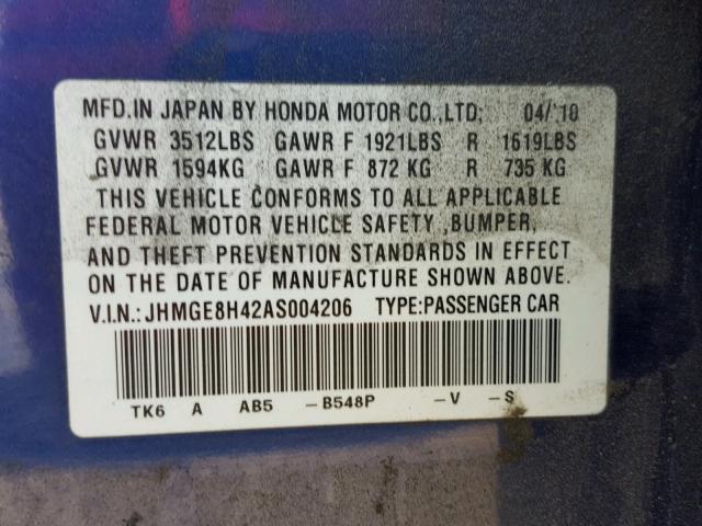 JHMGE8H42AS004206 - 2010 HONDA FIT SPORT BLUE photo 10