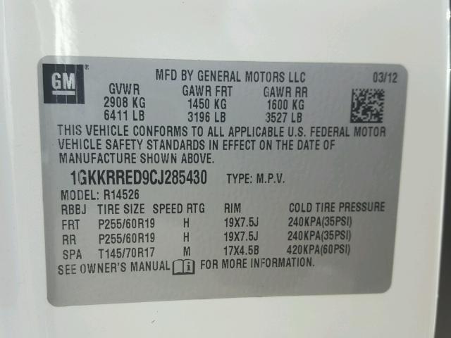 1GKKRRED9CJ285430 - 2012 GMC ACADIA SLT თეთრი ფოტო 10