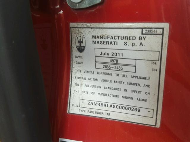 ZAM45KLA8C0060269 - 2012 MASERATI GRANTURISM RED photo 10