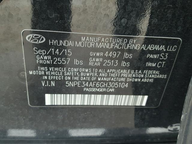 5NPE34AF6GH305104 - 2016 HYUNDAI SONATA SPO BLACK photo 10