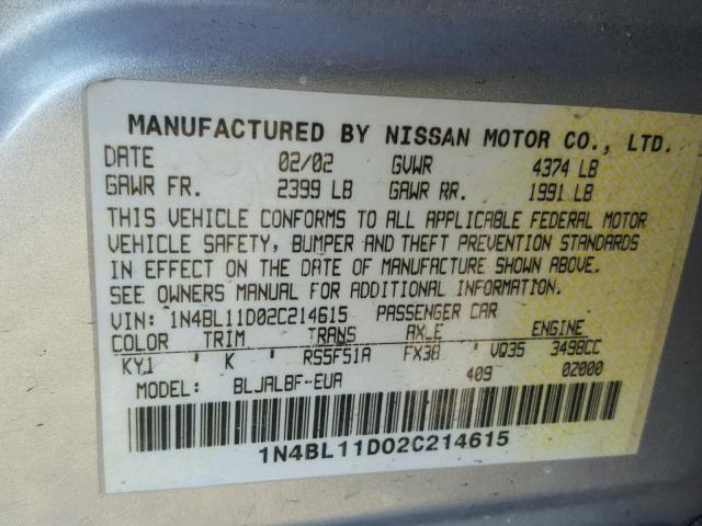 1N4BL11D02C214615 - 2002 NISSAN ALTIMA SE SILVER photo 10