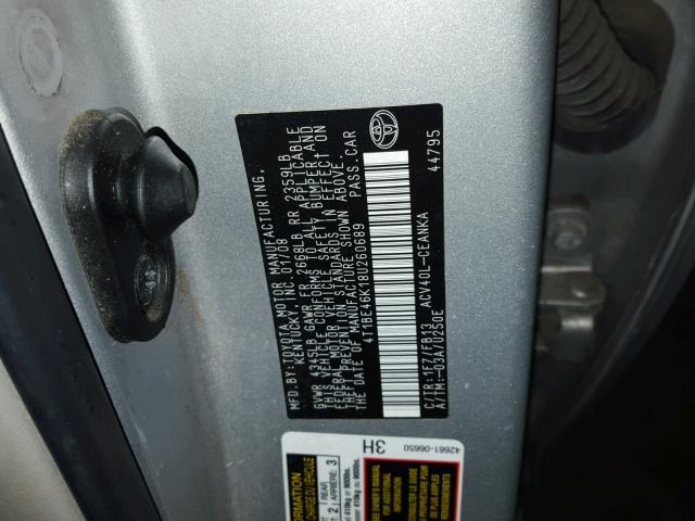 4T1BE46K18U260689 - 2008 TOYOTA CAMRY CE SILVER photo 10