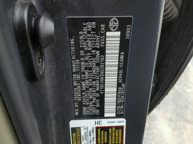 4T1BE46KX9U382162 - 2009 TOYOTA CAMRY BASE GRAY photo 10