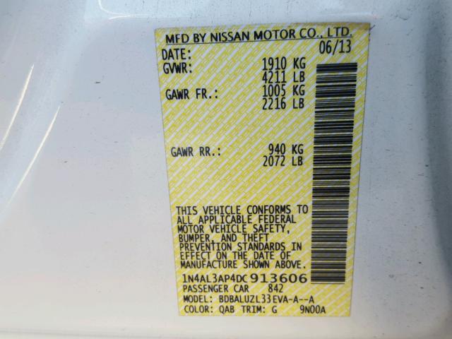 1N4AL3AP4DC913606 - 2013 NISSAN ALTIMA 2.5 WHITE photo 10