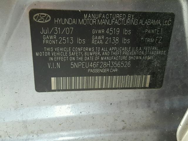 5NPEU46F28H356526 - 2008 HYUNDAI SONATA SE GRAY photo 10