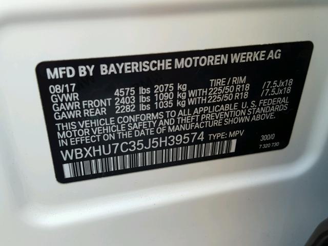 WBXHU7C35J5H39574 - 2018 BMW X1 SDRIVE2 WHITE photo 10