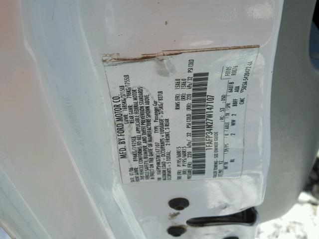 1FAFP34N27W147107 - 2007 FORD FOCUS ZX4 WHITE photo 10