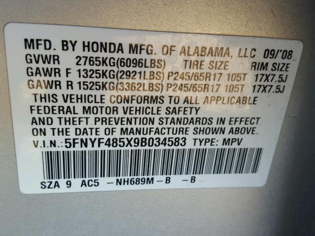 5FNYF485X9B034583 - 2009 HONDA PILOT EXL SILVER photo 10