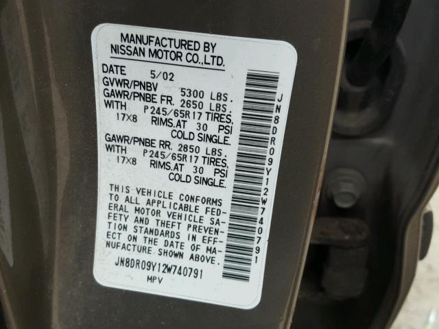 JN8DR09Y12W740791 - 2002 NISSAN PATHFINDER TAN photo 10