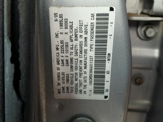 1HGCM56396A011227 - 2006 HONDA ACCORD SE SILVER photo 10