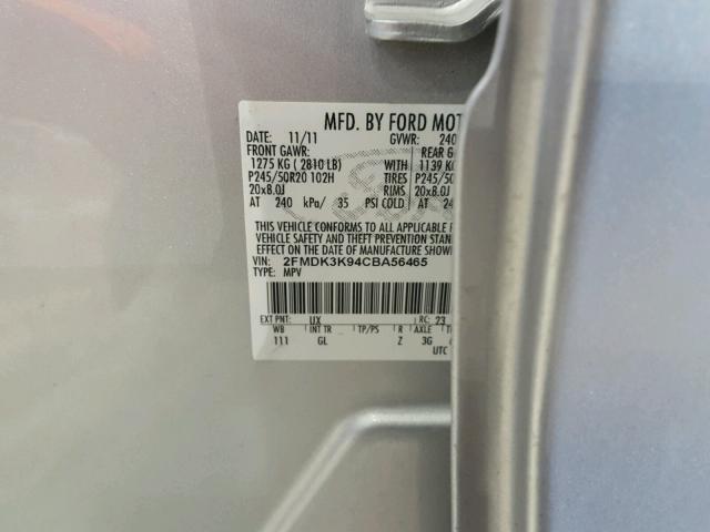 2FMDK3K94CBA56465 - 2012 FORD EDGE LIMIT SILVER photo 10