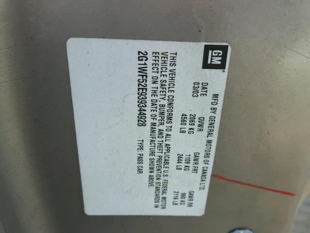 2G1WF52E939344928 - 2003 CHEVROLET IMPALA 金色 照片 10