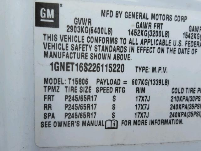 1GNET16S226115220 - 2002 CHEVROLET TRAILBLAZE WHITE photo 10