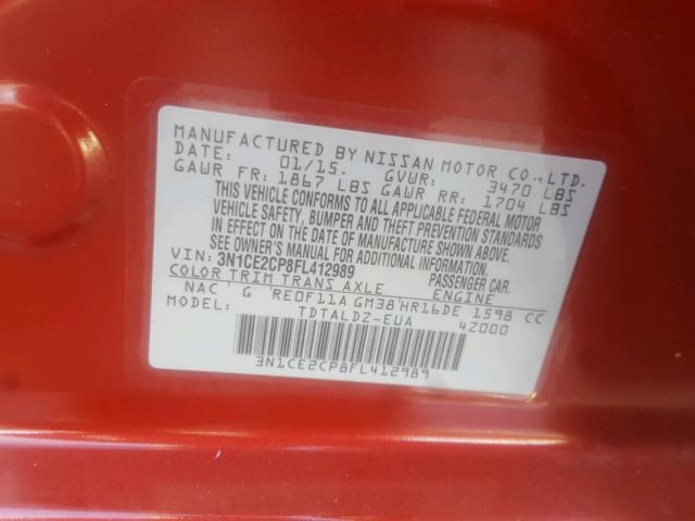 3N1CE2CP8FL412989 - 2015 NISSAN VERSA NOTE RED photo 10