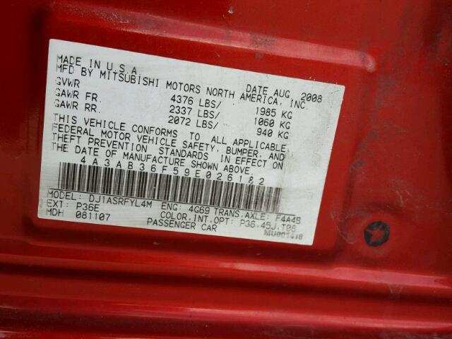 4A3AB36F59E026182 - 2009 MITSUBISHI GALANT ES RED photo 10