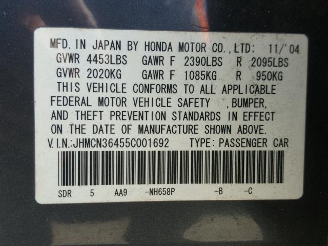 JHMCN36455C001692 - 2005 HONDA ACCORD HYB CHARCOAL photo 10