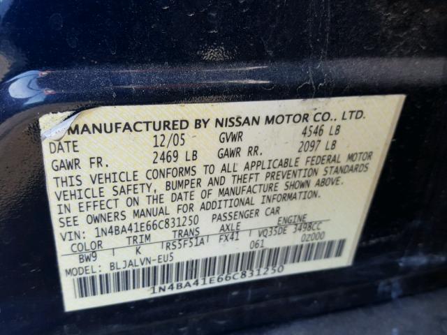 1N4BA41E66C831250 - 2006 NISSAN MAXIMA SE BLUE photo 10