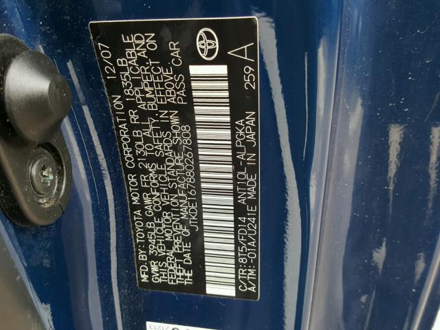 JTKDE167880267808 - 2008 TOYOTA SCION TC 蓝色 照片 10