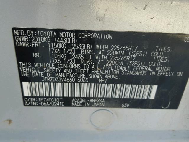 JTMZD33V466016065 - 2006 TOYOTA RAV4 SILVER photo 10