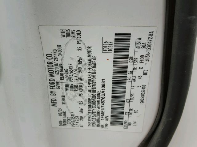 1FMEU74876UA10881 - 2006 FORD EXPLORER E WHITE photo 10