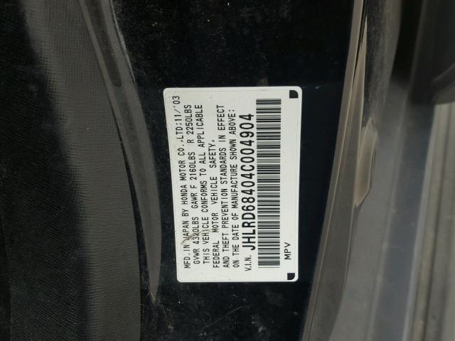 JHLRD68404C004904 - 2004 HONDA CR-V LX BLACK photo 10