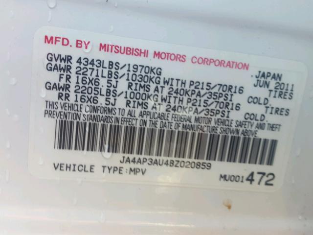 JA4AP3AU4BZ020859 - 2011 MITSUBISHI OUTLANDER WHITE photo 10