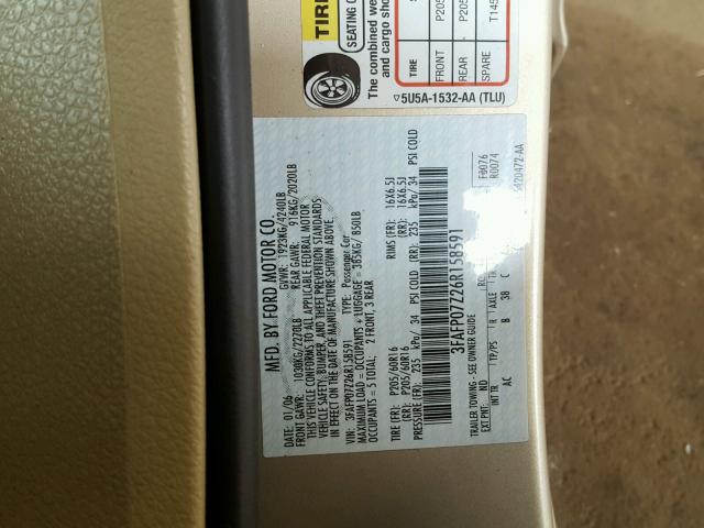 3FAFP07Z26R158591 - 2006 FORD FUSION SE GOLD photo 10