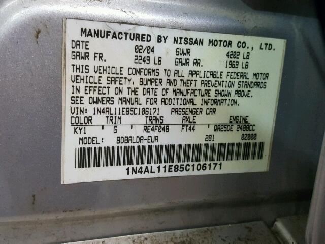 1N4AL11E85C106171 - 2005 NISSAN ALTIMA S SILVER photo 10