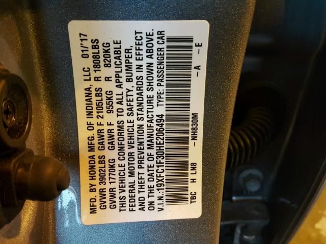 19XFC1F30HE206494 - 2017 HONDA CIVIC EX გრაფიტი ფოტო 10