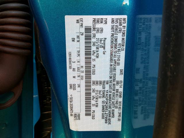 1FADP3K26EL279589 - 2014 FORD FOCUS SE BLUE photo 10