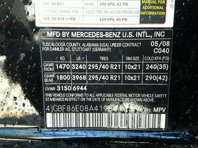 4JGBF86E08A419394 - 2008 MERCEDES-BENZ GL 550 4MA BLACK photo 10