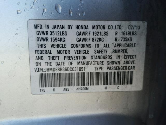 JHMGE8H36DC031091 - 2013 HONDA FIT SILVER photo 10