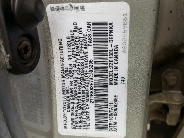 2T1BR32E74C303295 - 2004 TOYOTA COROLLA CE SILVER photo 10