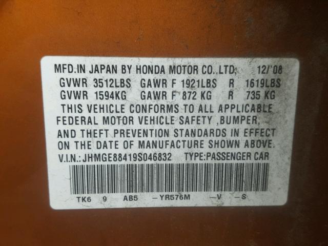 JHMGE88419S046832 - 2009 HONDA FIT SPORT ORANGE photo 10