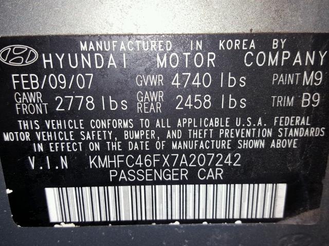 KMHFC46FX7A207242 - 2007 HYUNDAI AZERA SE GRAY photo 10