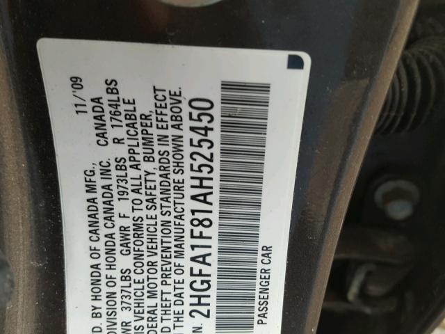 2HGFA1F81AH525450 - 2010 HONDA CIVIC EX 棕色 照片 10