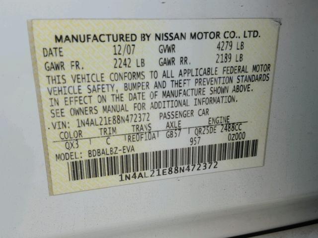 1N4AL21E88N472372 - 2008 NISSAN ALTIMA 2.5 WHITE photo 10