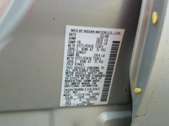 5N1BV28U88N116392 - 2008 NISSAN QUEST S GRAY photo 10