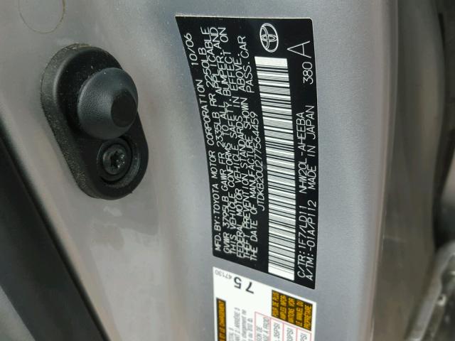 JTDKB20U277564459 - 2007 TOYOTA PRIUS SILVER photo 10