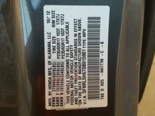 5FNRL5H67DB015901 - 2013 HONDA ODYSSEY EX GRAY photo 10