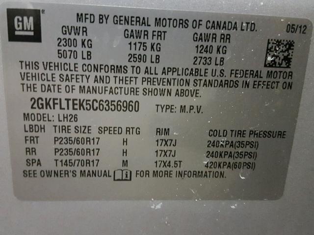 2GKFLTEK5C6356960 - 2012 GMC TERRAIN SL SILVER photo 10